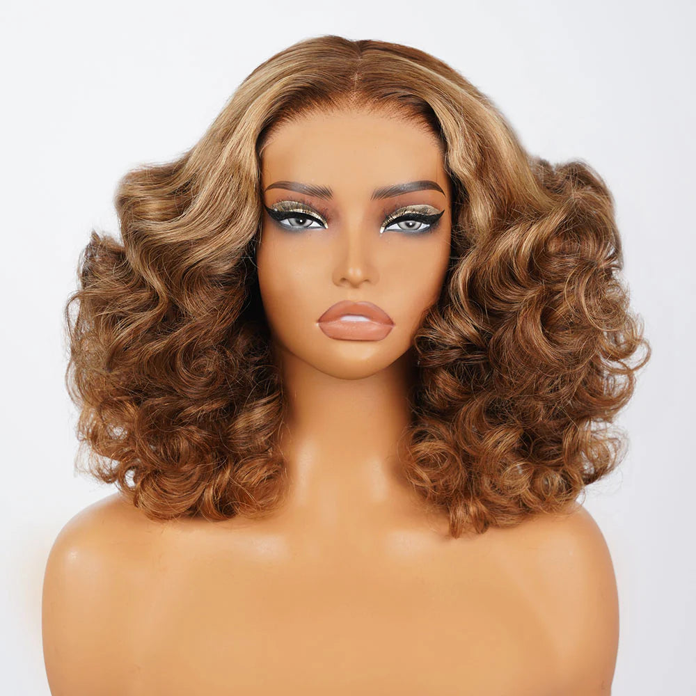 6x5 Glueless Honey Blonde Highlights Bouncy Curl Wig
